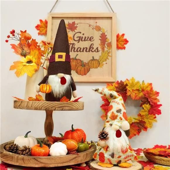 2PCS Fall Thanksgiving Gnomes Plush Decoration - Gnomes Hold Pumpkin & Pine Cone - Picture 4 of 6